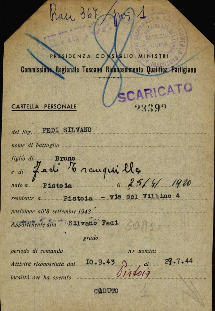 Scheda di Silvano Fedi di riconoscimento di partigiano combattente della commissione regionale toscana (fonte Archivio Centrale dello Stato, Ricompart)