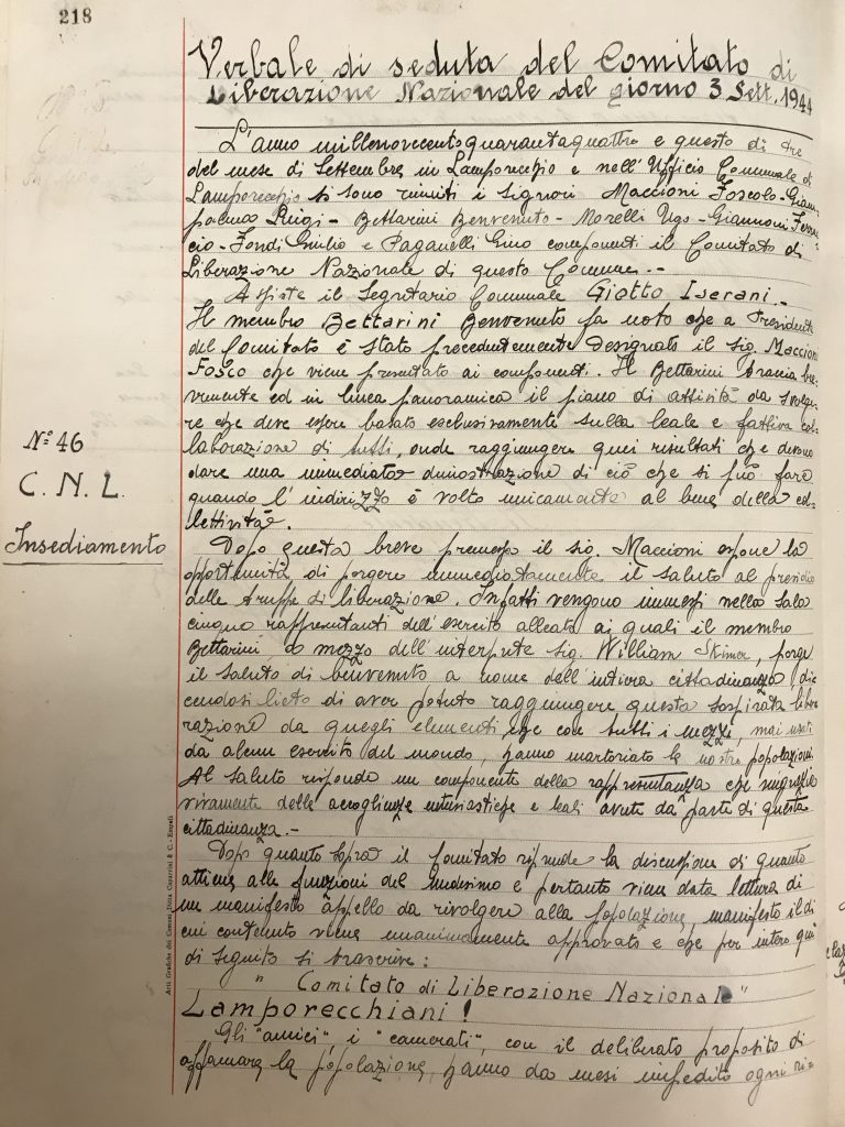 Prima pagina del Verbale di insediamento del CLN sezione Lamporecchio, il 3 settembre 1944. Archivio storico del Comune di Lamporecchio, serie I, registro 49