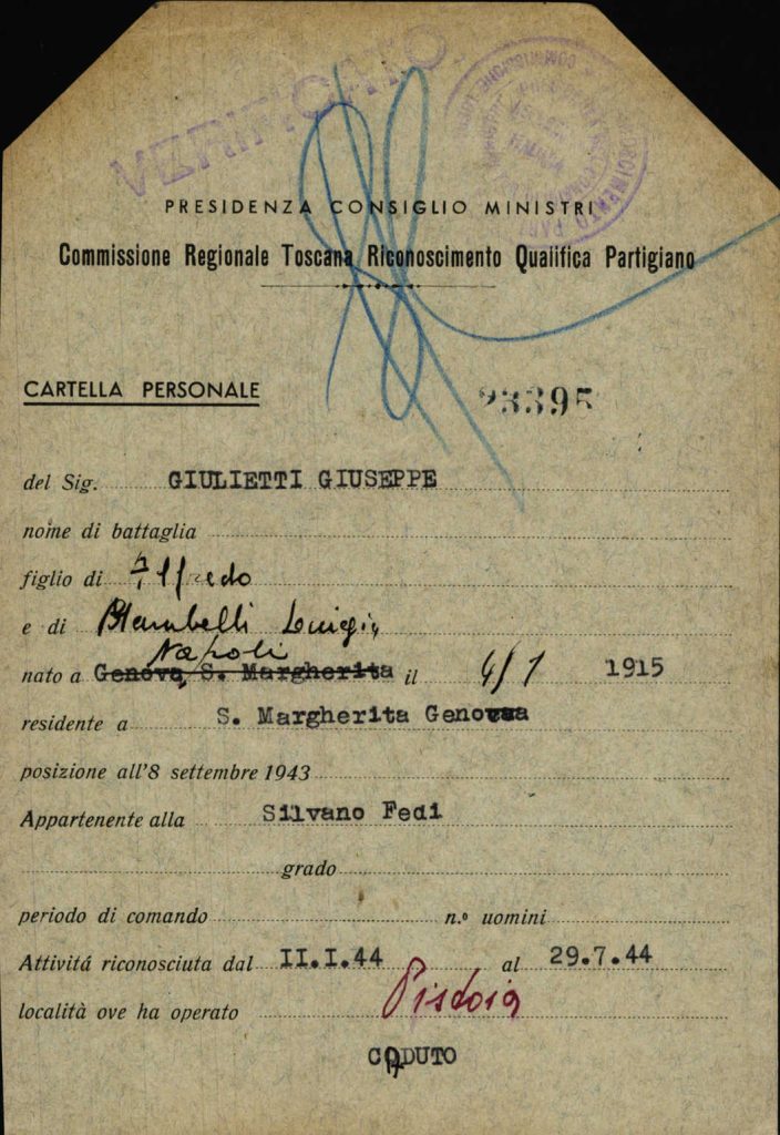 Scheda di Giuseppe Giulietti, riconoscimento qualifica di partigiano combattente, Commissione regionale Toscana (fonte Archivio Centrale dello Stato, Ricompart)