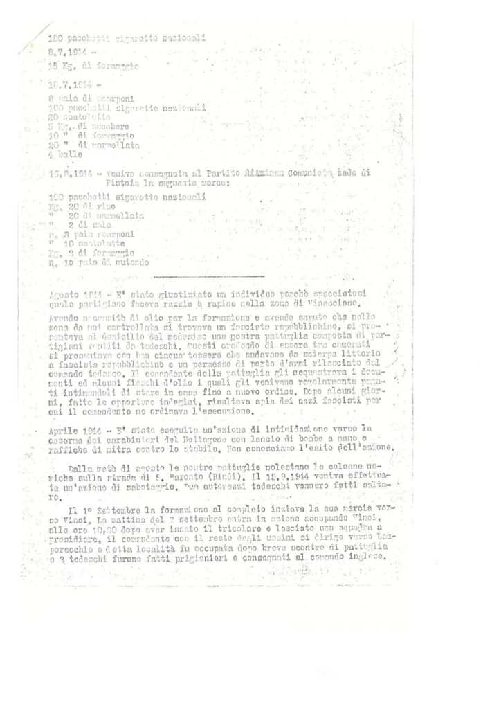 Pagina 6 della relazione partigiana delle Squadre Franche Libertarie dove si parla della liberazione di Lamporecchio