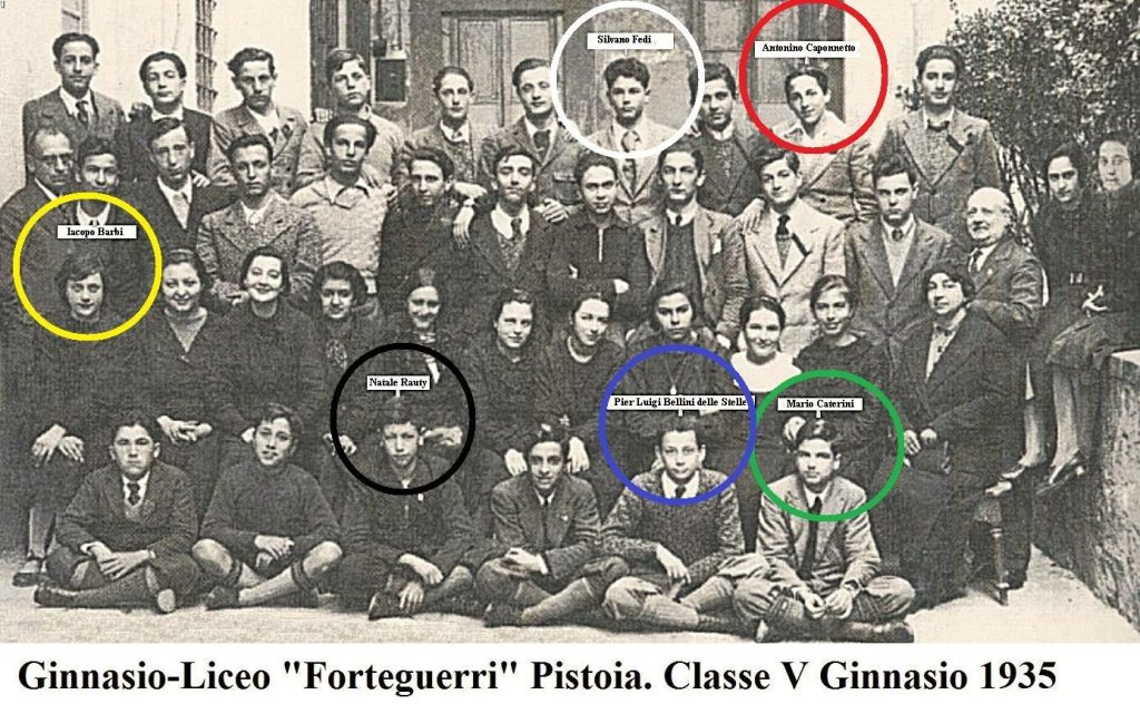 Foto di classe V ginnasio 1935, sono presenti oltre a Silvano Fedi altri illustri cittadini pistoiesi